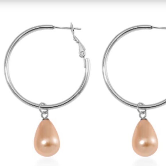 Golden Shell Pearl Tear Drop Hoop Earrings in Stainless Steel - Picture 1 of 3